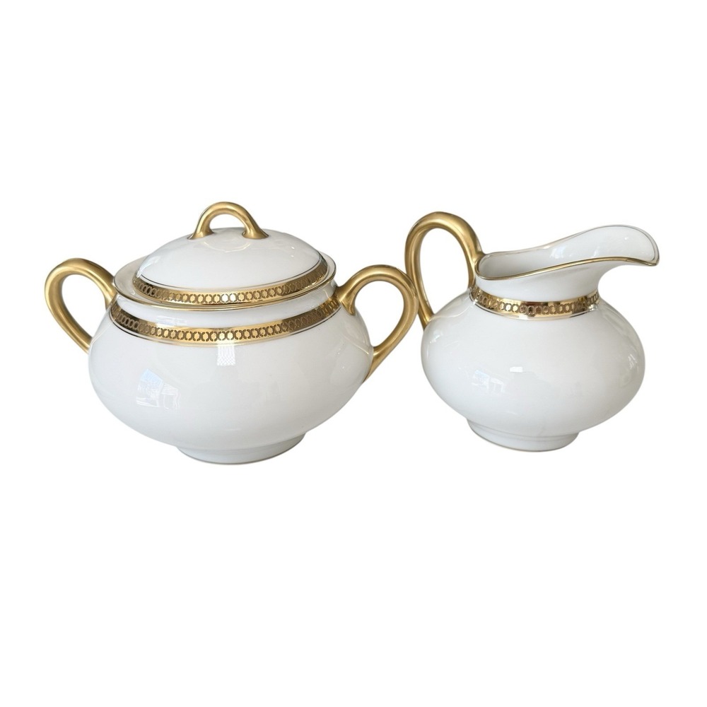 Haviland Limoges Marquis Sugar Bowl w Lid & Creamer Gold Trim - 2 Piece Set